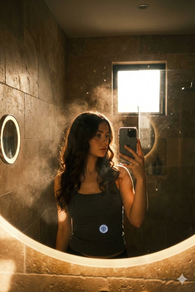 {"prompt":"A young woman with long, softly curled dark hair takes a cinematic...