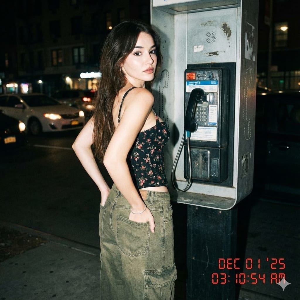 Nighttime flash photo with Y2K aesthetic, red digital timestamp in corner. Yo...