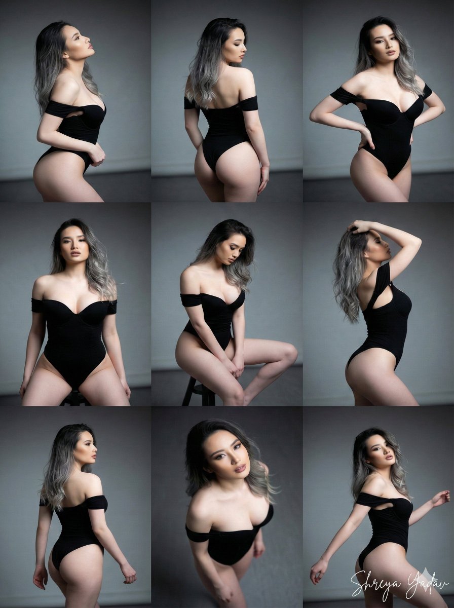 In a 3x3 grid, show this character in different angles, keep the scene same, Random poses.