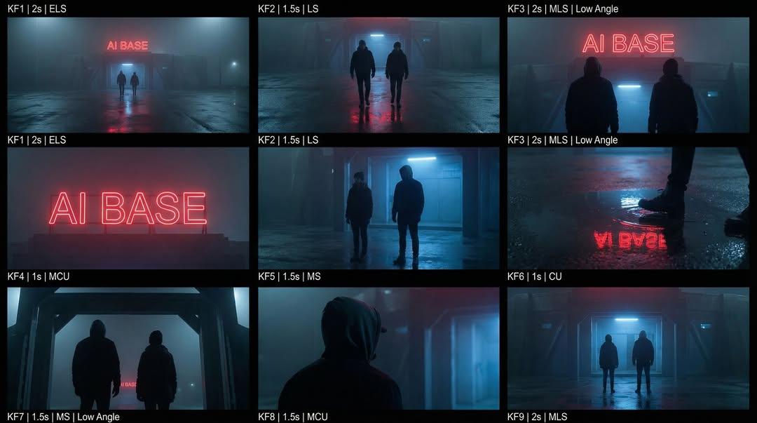 Cinematic sci-fi storyboard in a 3×3 grid showing two hooded figures approaching a foggy industrial facility with a neon red “AI BASE” sign. Include wide, medium, low-angle, and close-up shots with teal/red lighting, wet reflective ground, silhouettes, and atmospheric fog. Add small shot-label text (e.g., “KF1 | ELS”). Style: neo-noir, cyberpunk, high contrast.