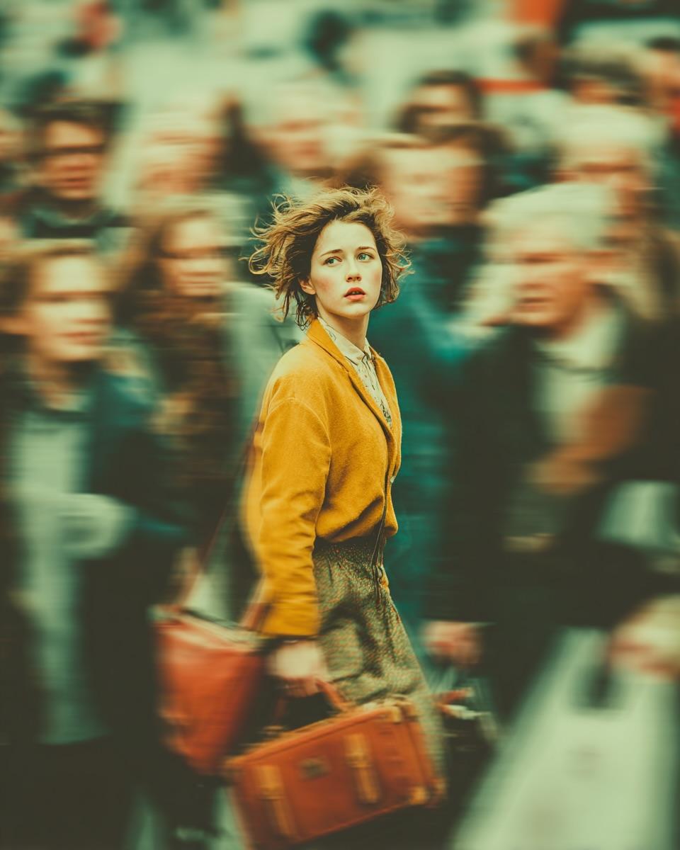 Create a cinematic, emotionally charged portrait of a young woman standing still