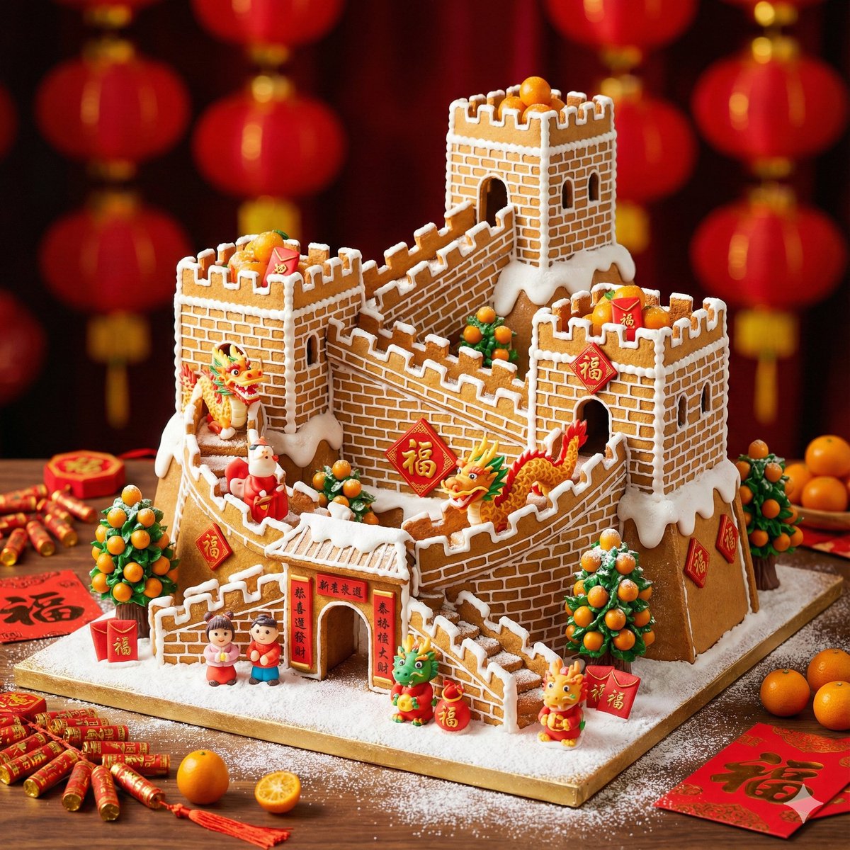 完全由金桔和节日糖霜构筑的[地标]的超写实照片。