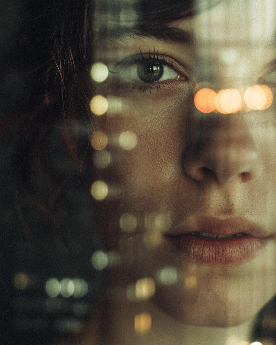 A cinematic, close-up portrait of a young woman viewed through