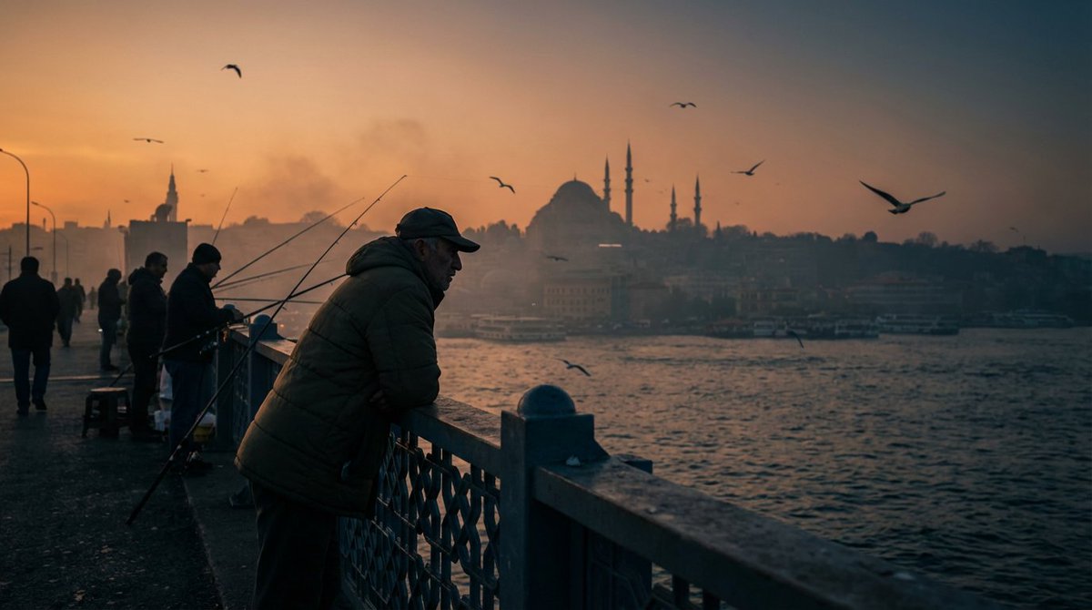 A cinematic silhouette shot of local fishermen lining the Galata Bridge