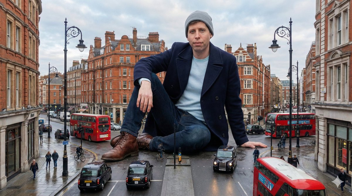 A photorealistic wide drone shot of a colossal man